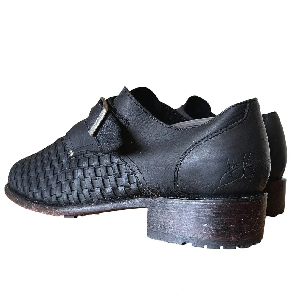 John Fluevog Ayn Black Woven Leather Monk Strap Shoes Low Block Heel Womens 10W